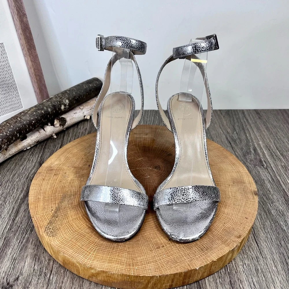 *Tory Burch | Elana Leather Silver Heeled Sandals With Ankle Straps Size 6